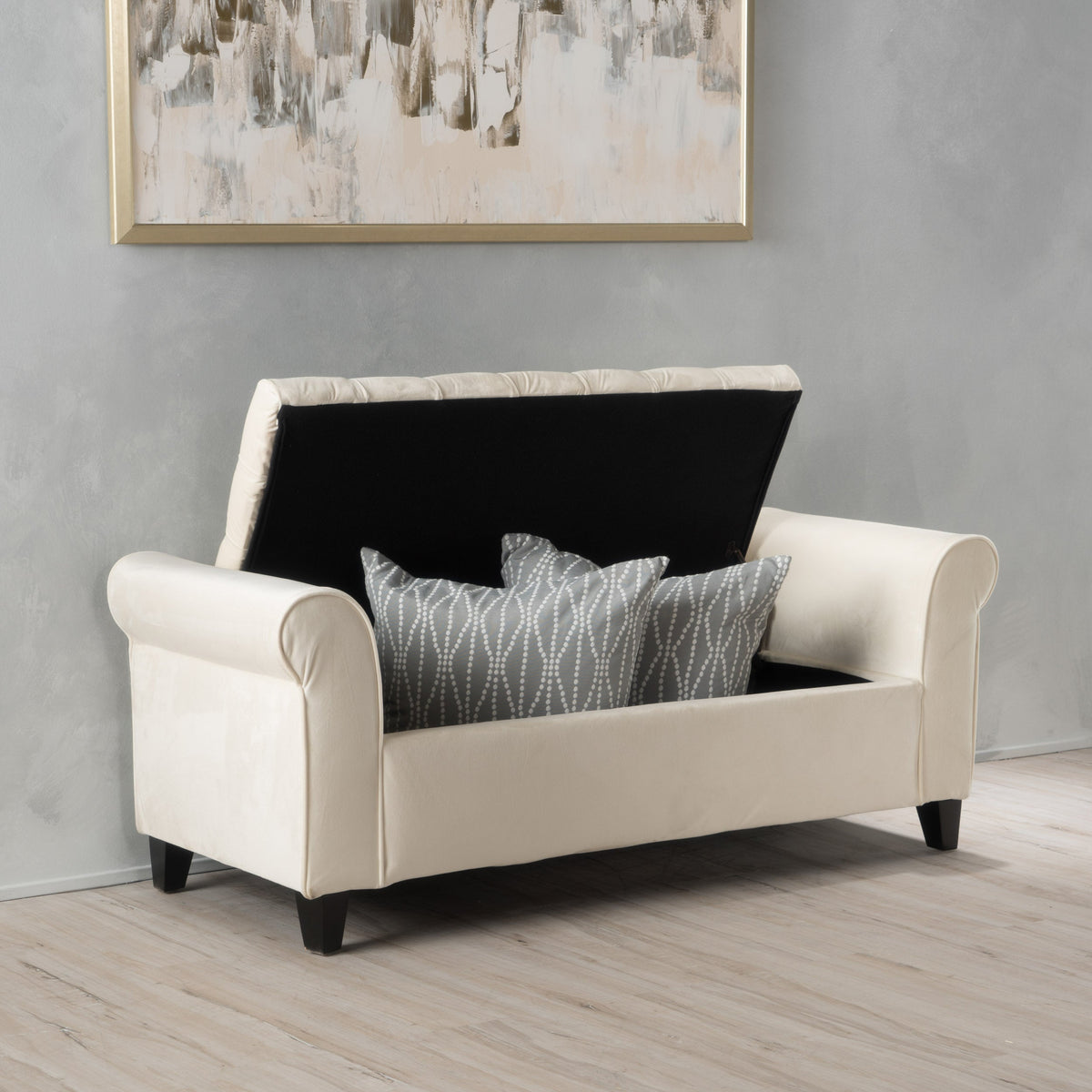 Ivory Fabric Storage Bench With Rolled Arms