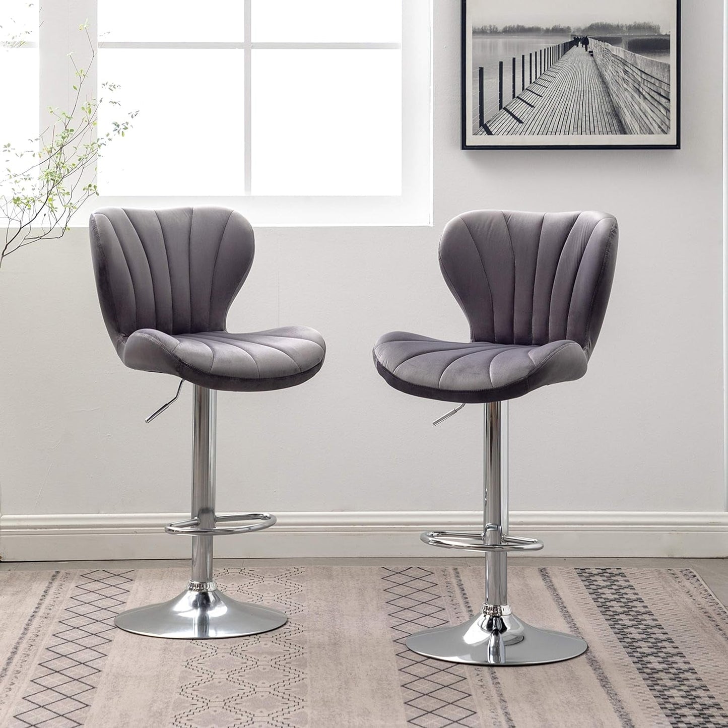 Velvet Adjustable Swivel Barstools Gray Set of Two