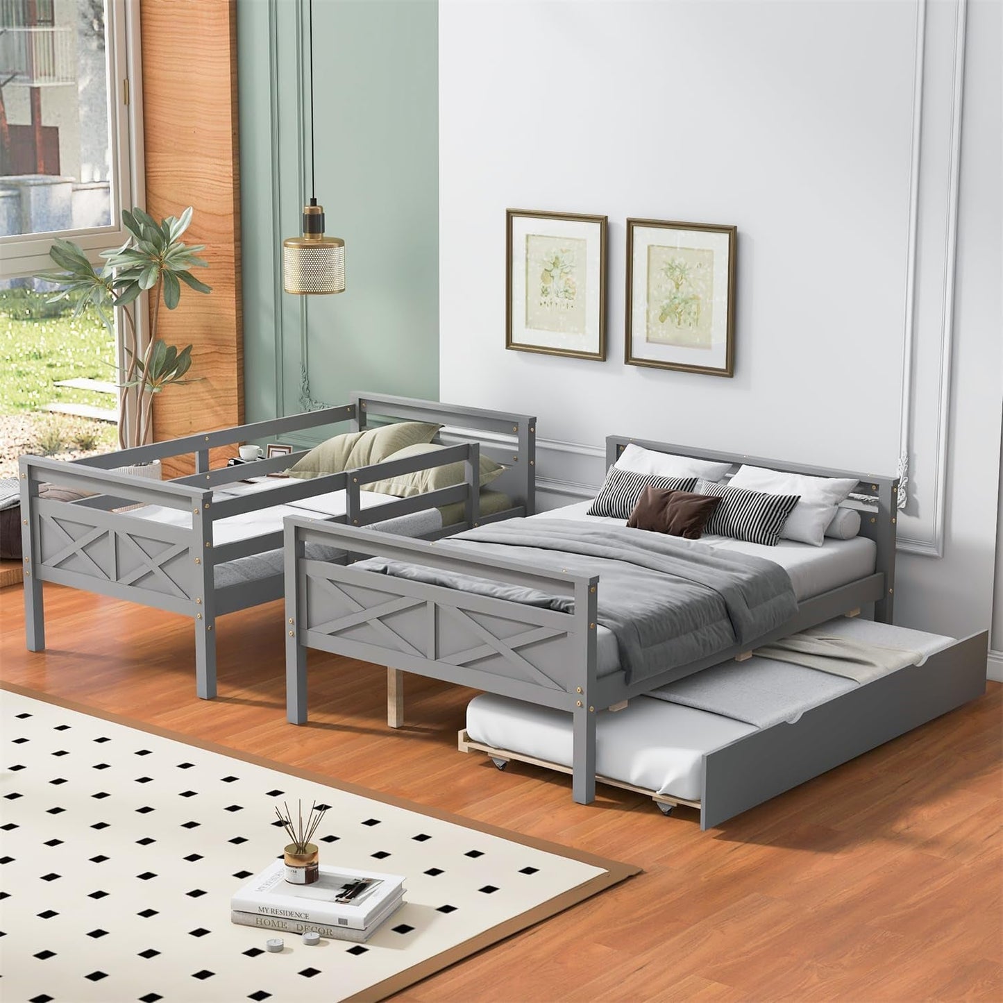 Grey Trundle Bunk Bed Twin Over Full With Guardrail