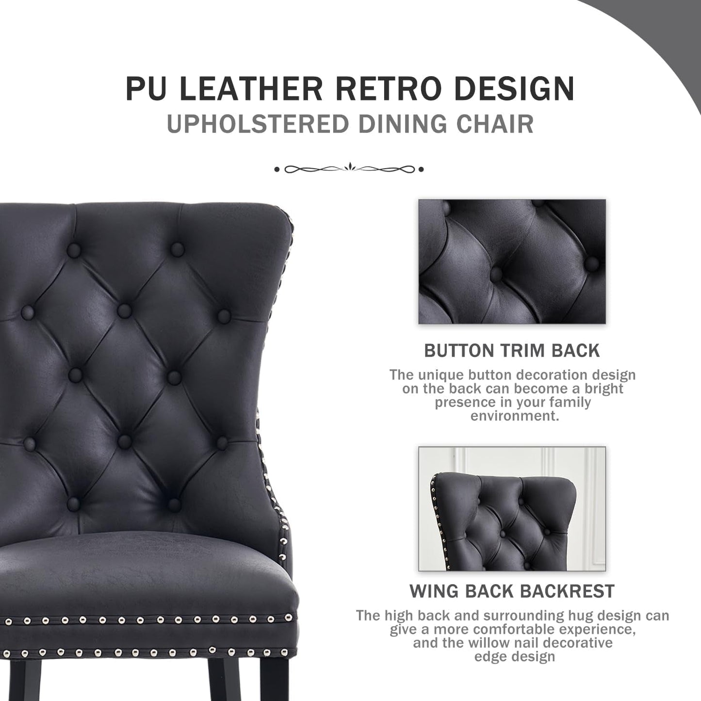 Leather Dining Chairs Set Of 4 Wingback Upholstered With Nailhead Trim Black