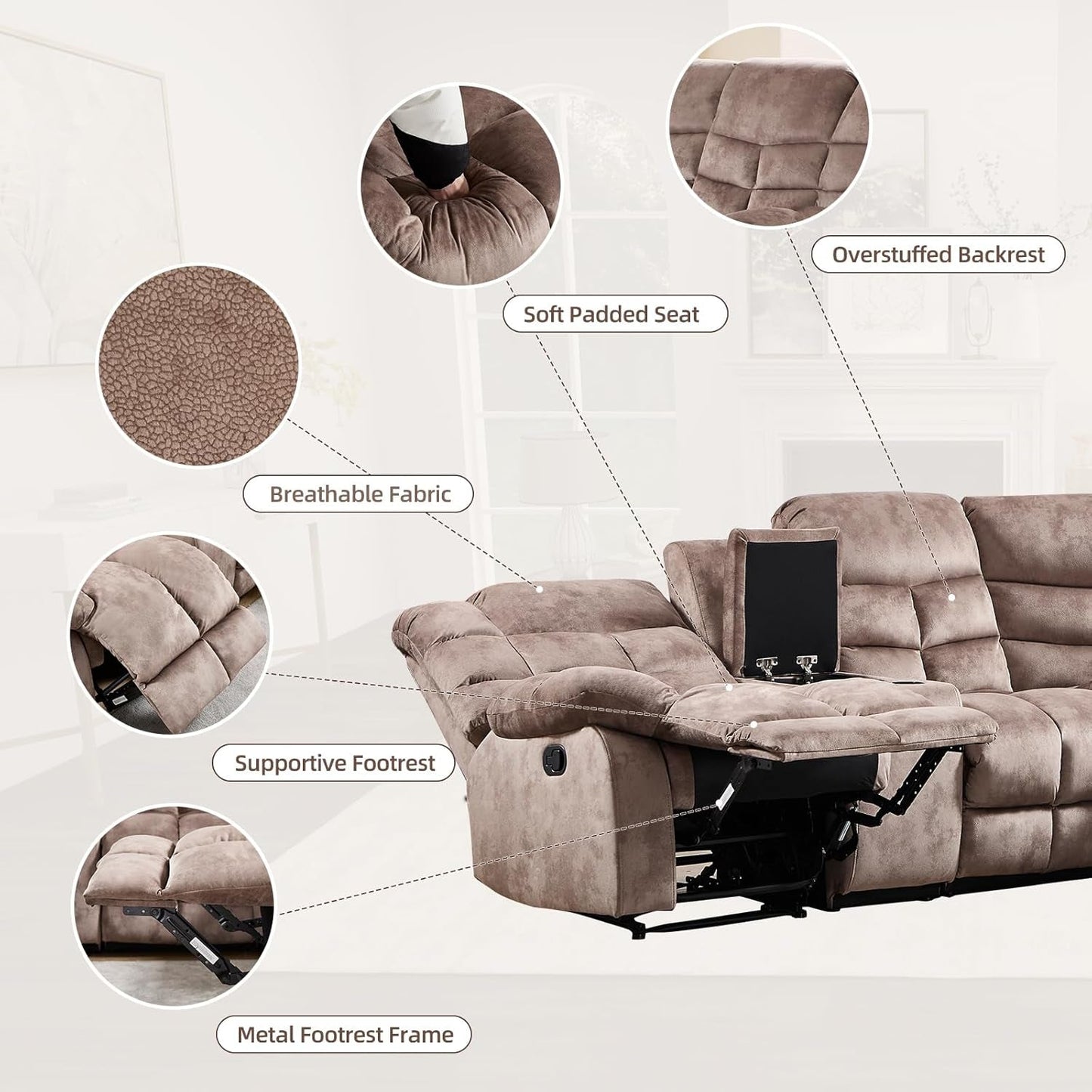 Brown Manual Reclining Sectional Sofa With Cup Holders