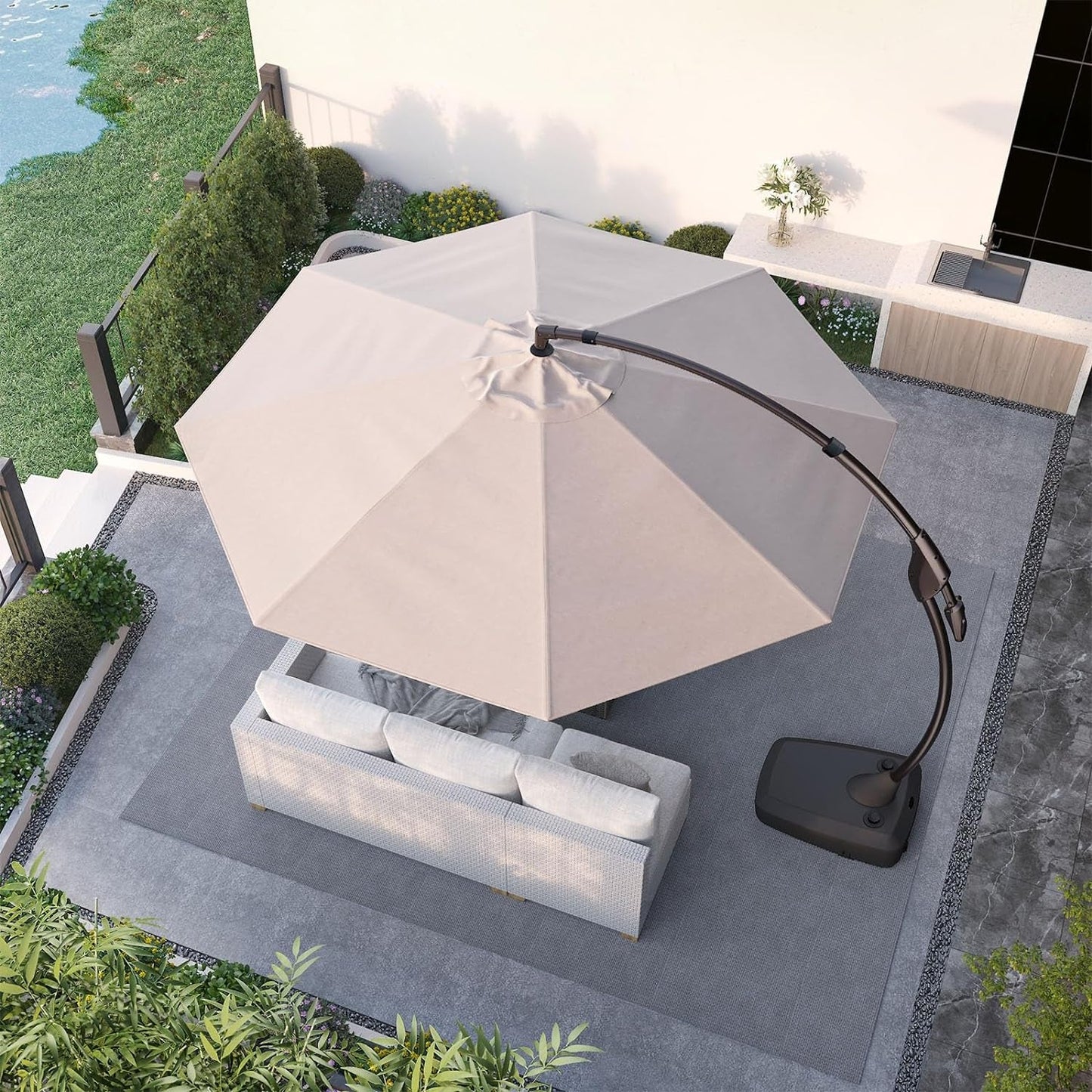 11ft Cantilever Umbrella With Base Champagne Aluminum Outdoor Patio Shade Durable Frame
