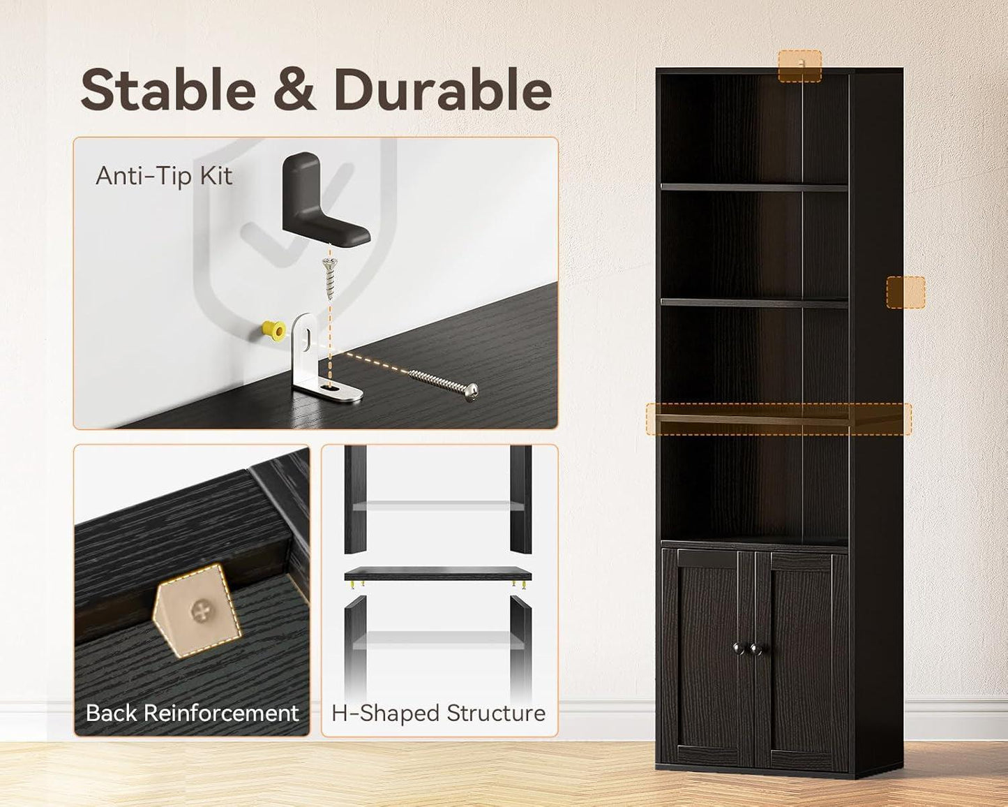 Black Six Tier Floor Standing Bookshelf With Doors