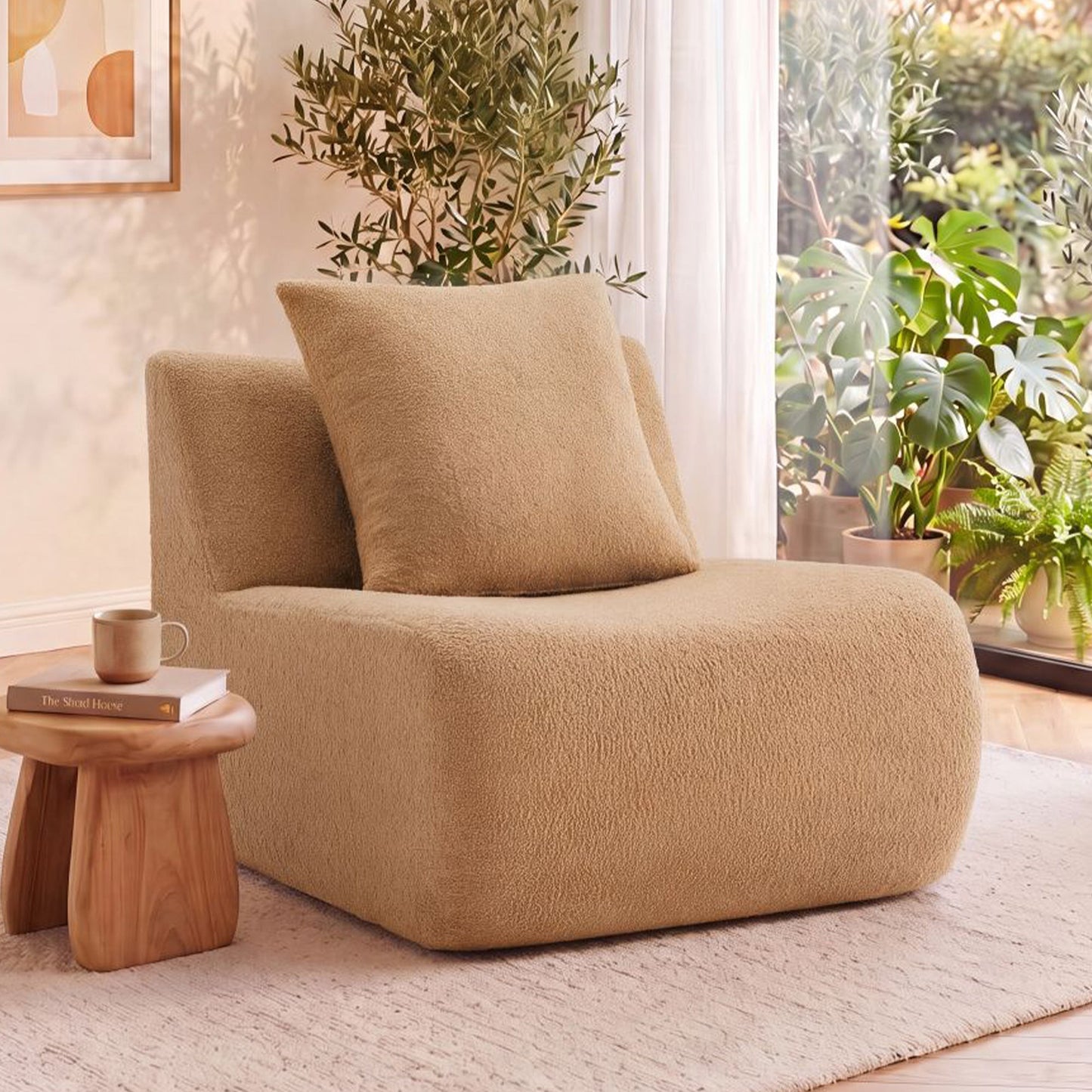 Armless Sofa with Pillow - Teddy Fabric in Camel