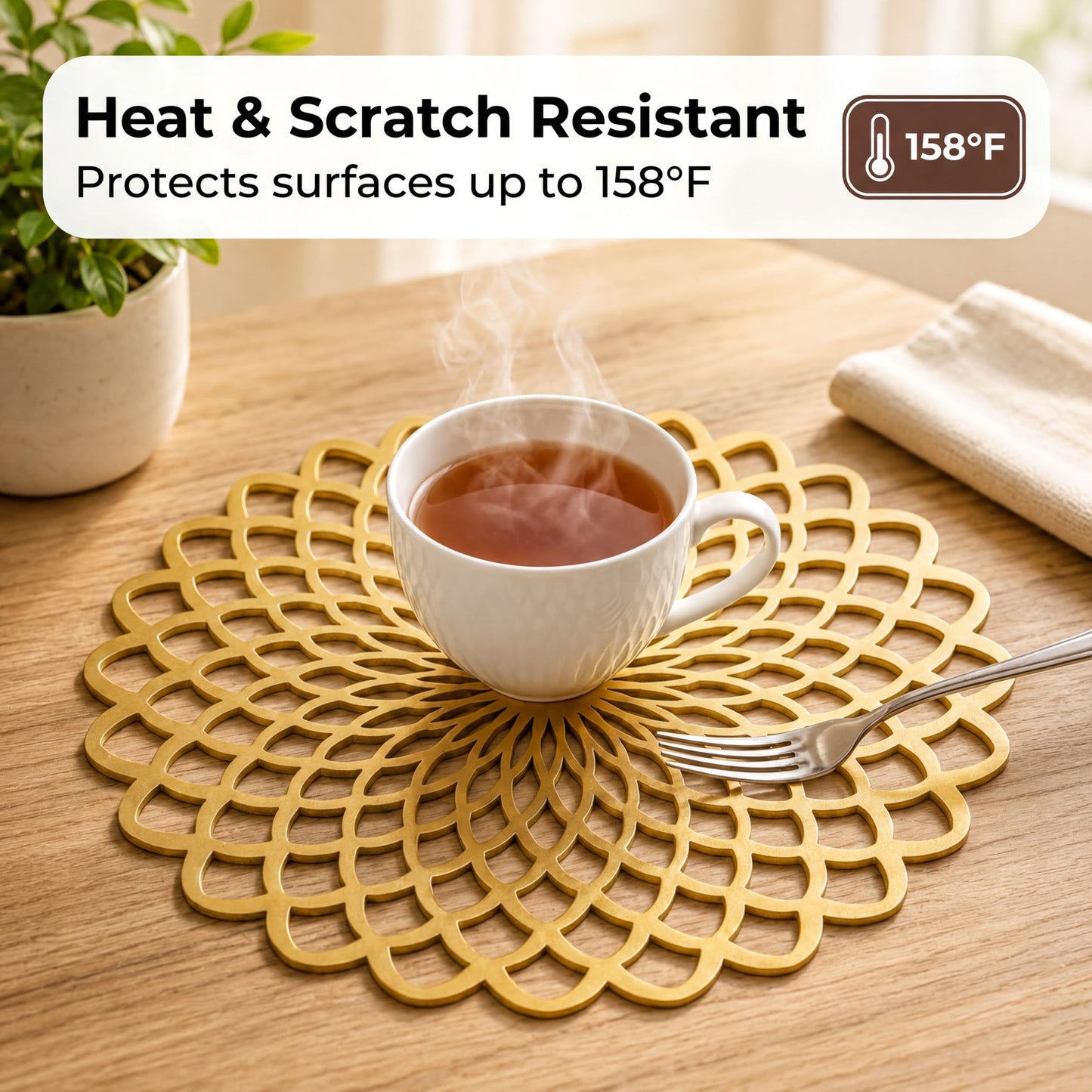 Gold Wooden Trivet - Heat Resistant MDF Wood Carved Placemats for Dining Table