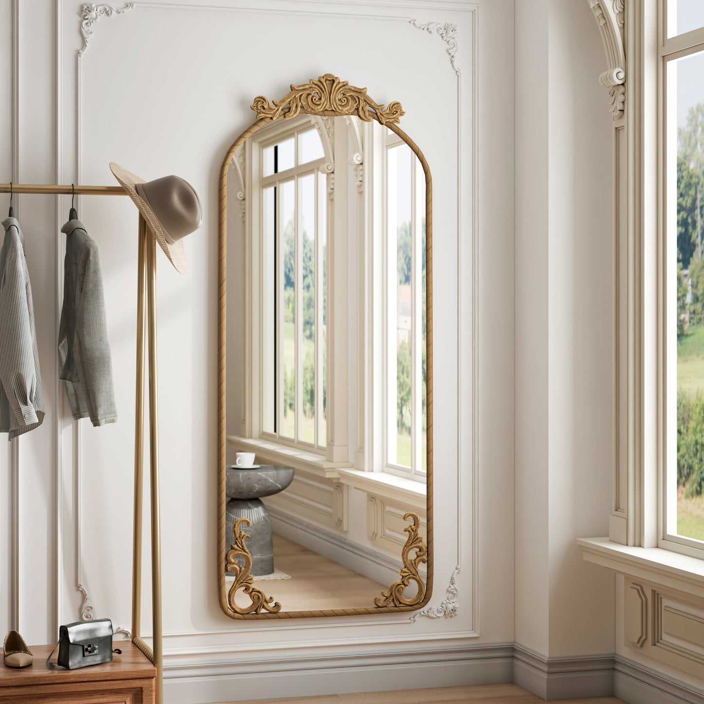 58"x24" Arched Full Body Mirror with Vintage Ornate Carved Applique
