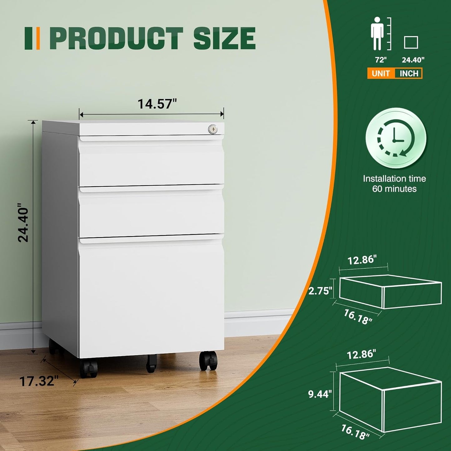 3 Drawer Mobile File Cabinet With Lock Under Desk Filing Cabinet For Home Office