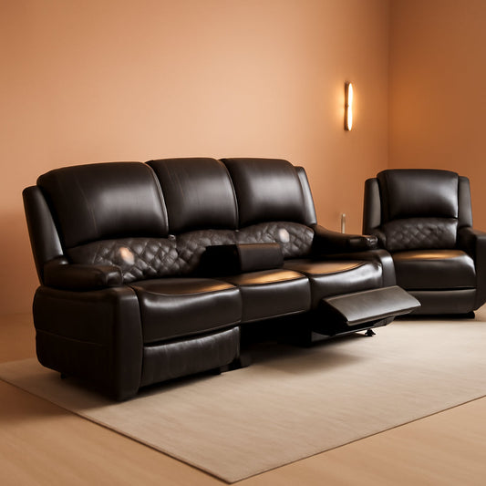 Brown Leather Reclining Loveseat Set With Console And Chairs