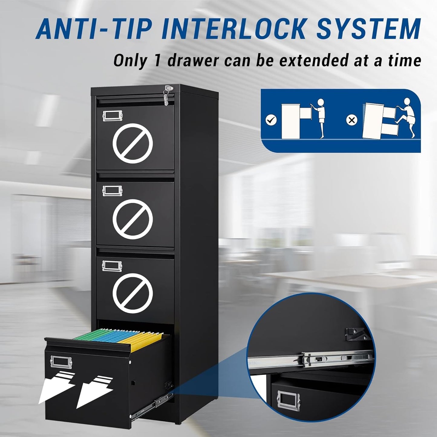 Lockable 4 Drawer Vertical File Cabinet Black Metal For Home Office