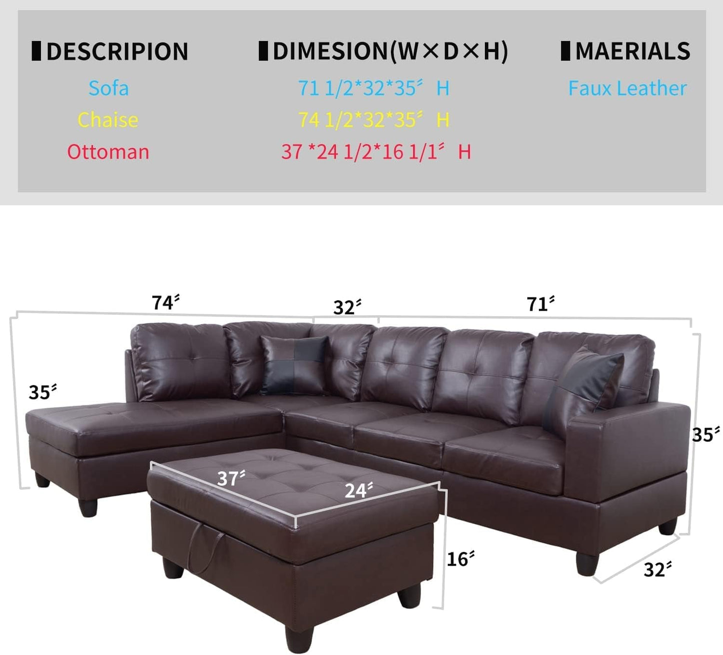 Brown Leather Sectional Sofa Set With Storage Ottoman And Left Facing Chaise