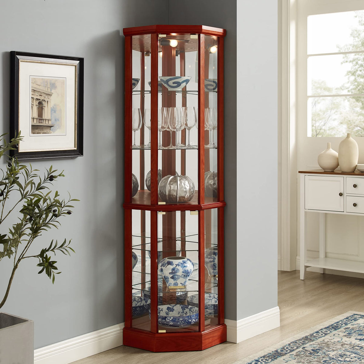 6 Shelf Lighted Corner Curio Cabinet with Adjustable Shelves