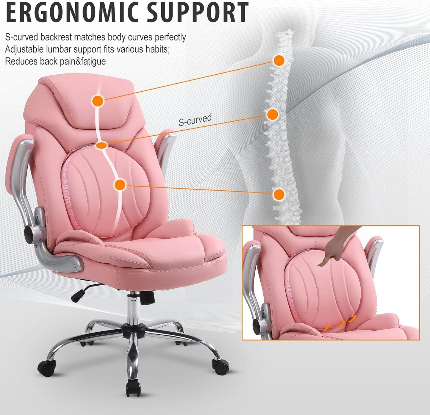 Pink Ergonomic Office Chair With Adjustable Lumbar Support