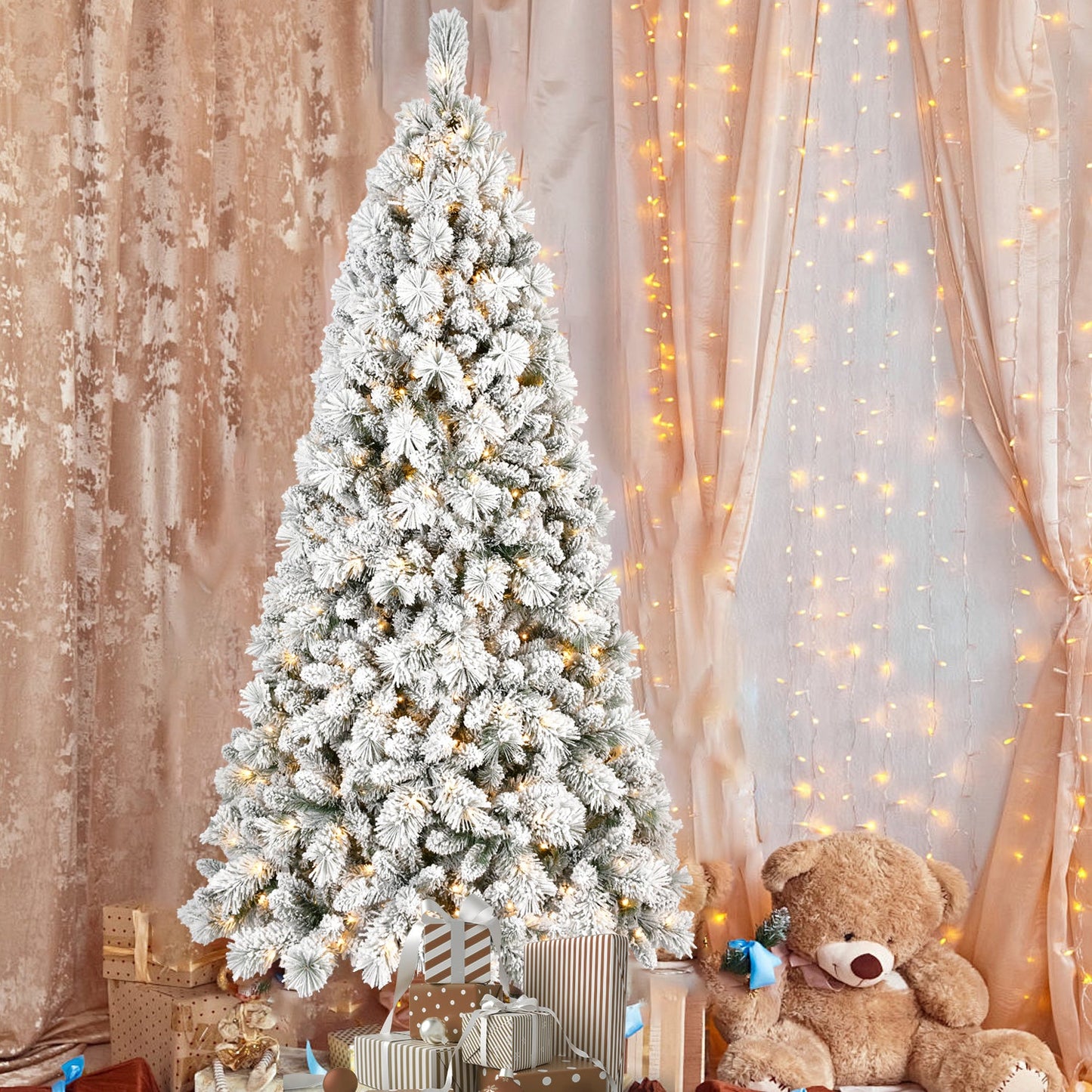 6FT Flocked Christmas Tree with 350 Warm LED Lights