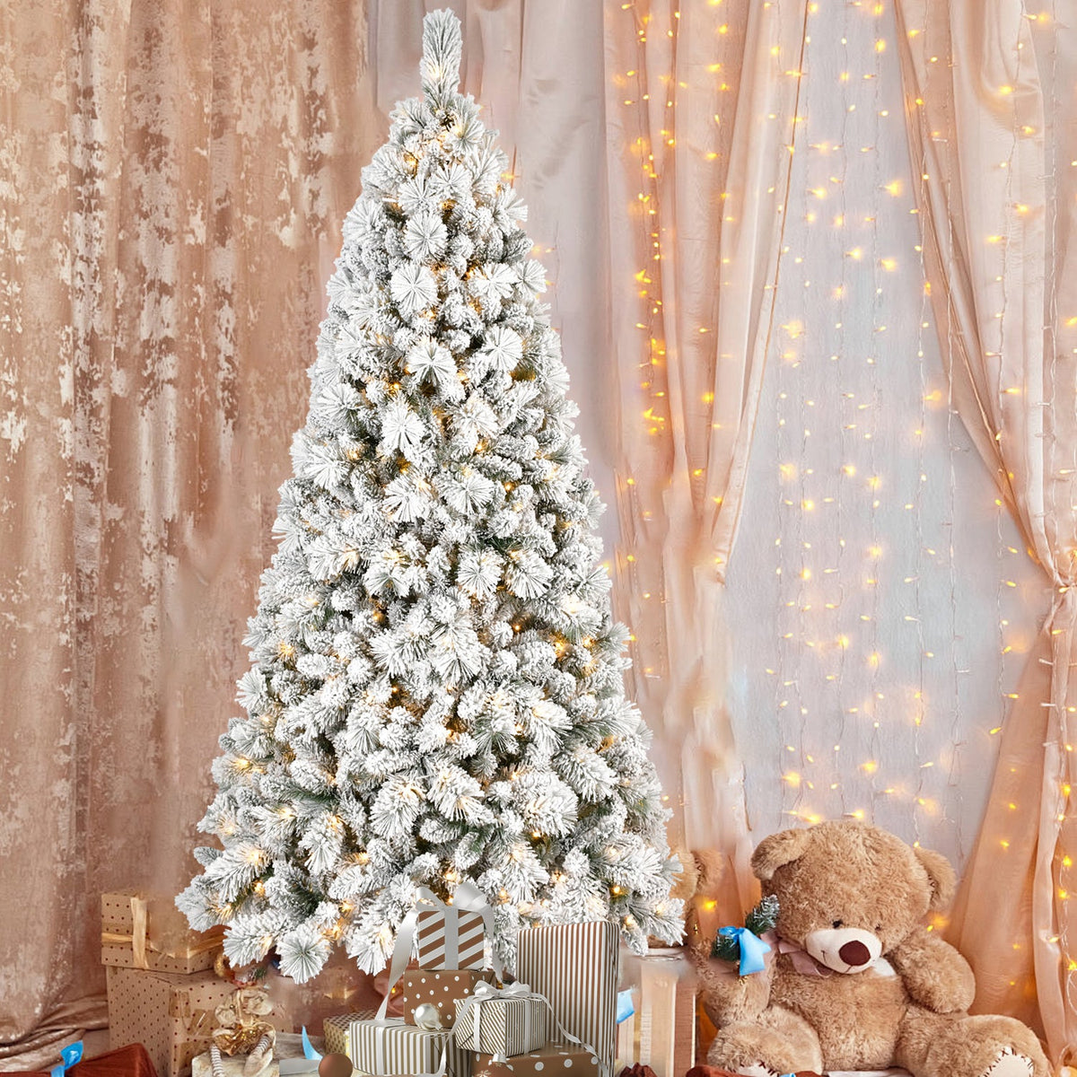 9FT Flocked Christmas Tree with 750 Warm LED Lights