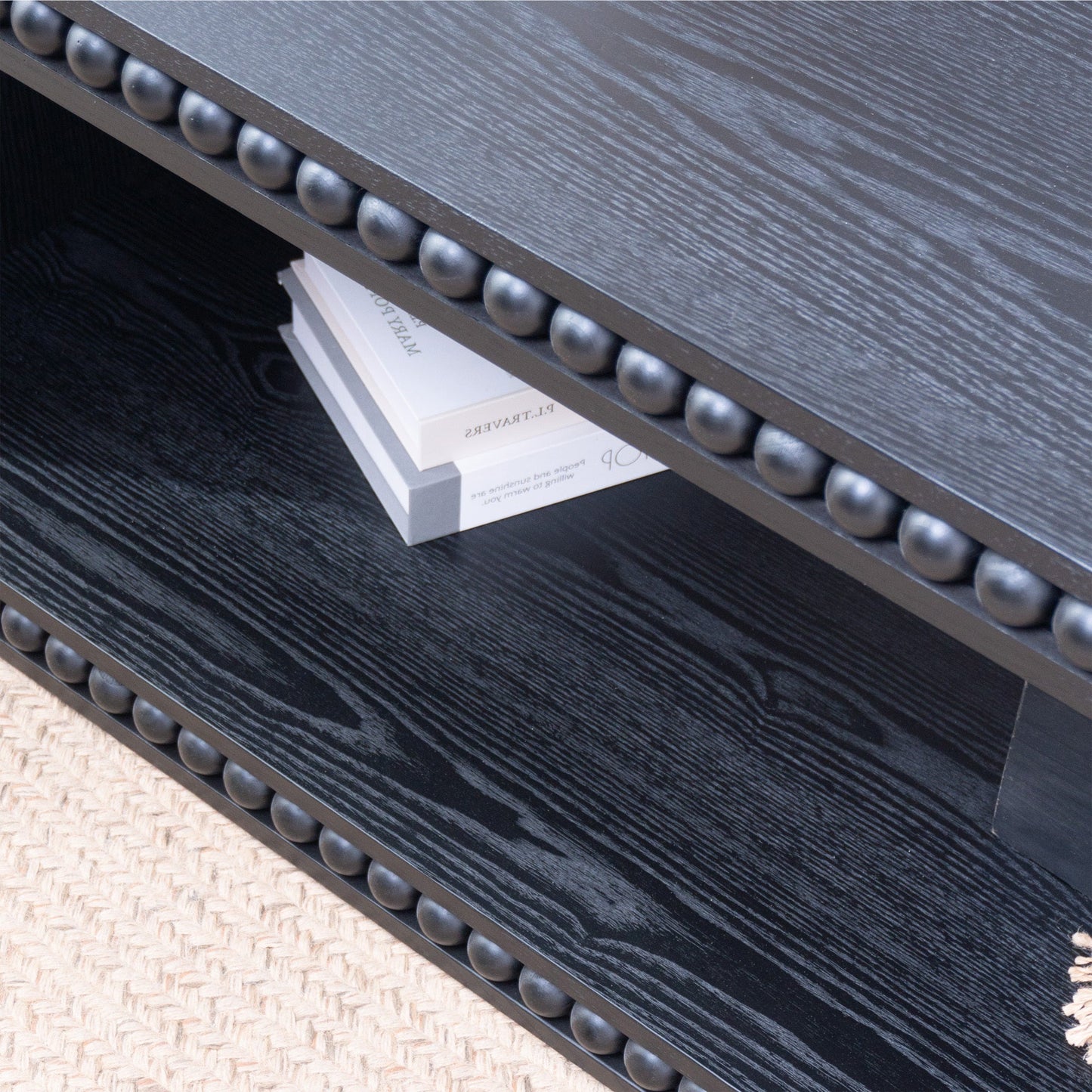Black Beaded Edge Coffee Table – 47.6' Rectangular Center Table with Open Storage Shelf