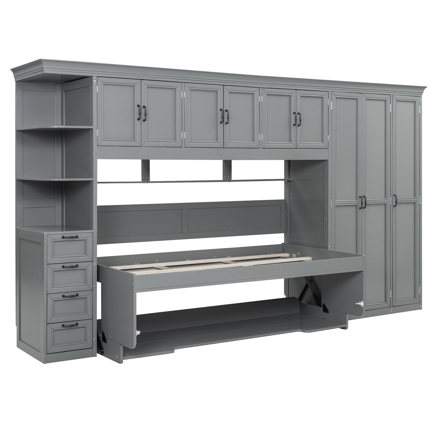 Twin Size Murphy Bed Wall Bed with Wardrobe, Cabinet and Desk, Gray