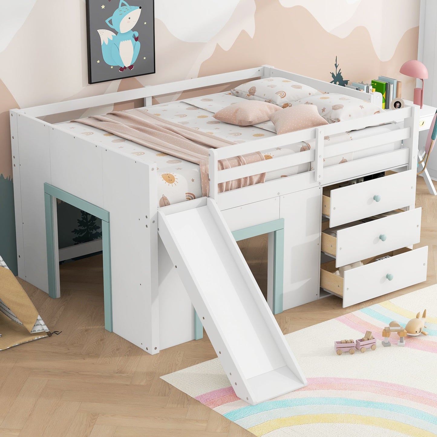 Full Size Low Loft Bed with Slide and Storage Drawers