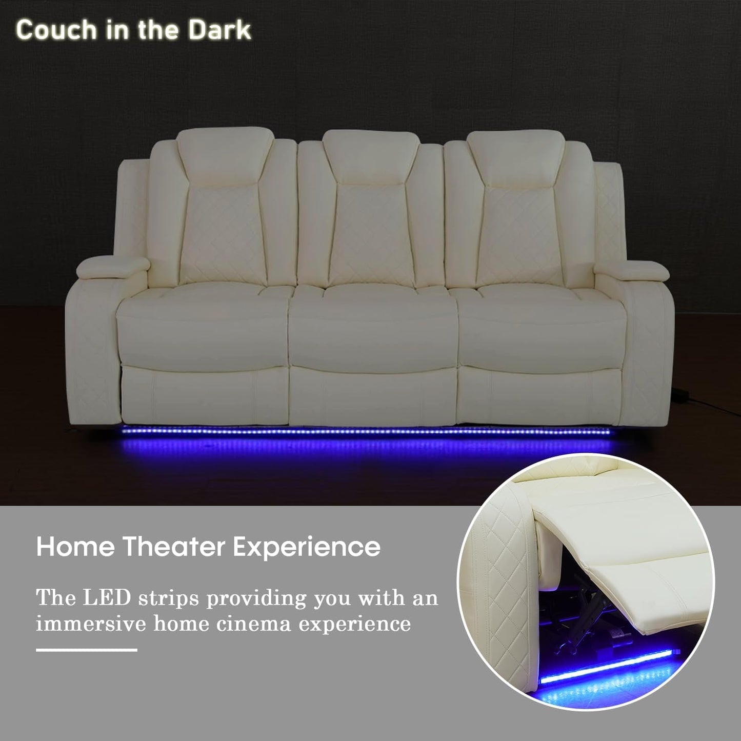Power Recliner Sofa Set With LED Lights Creamy Finish