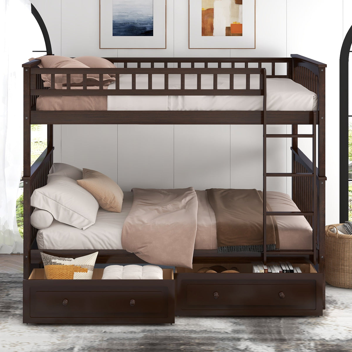 Full Over Full Bunk Bed With Drawers, Convertible Beds, Gray