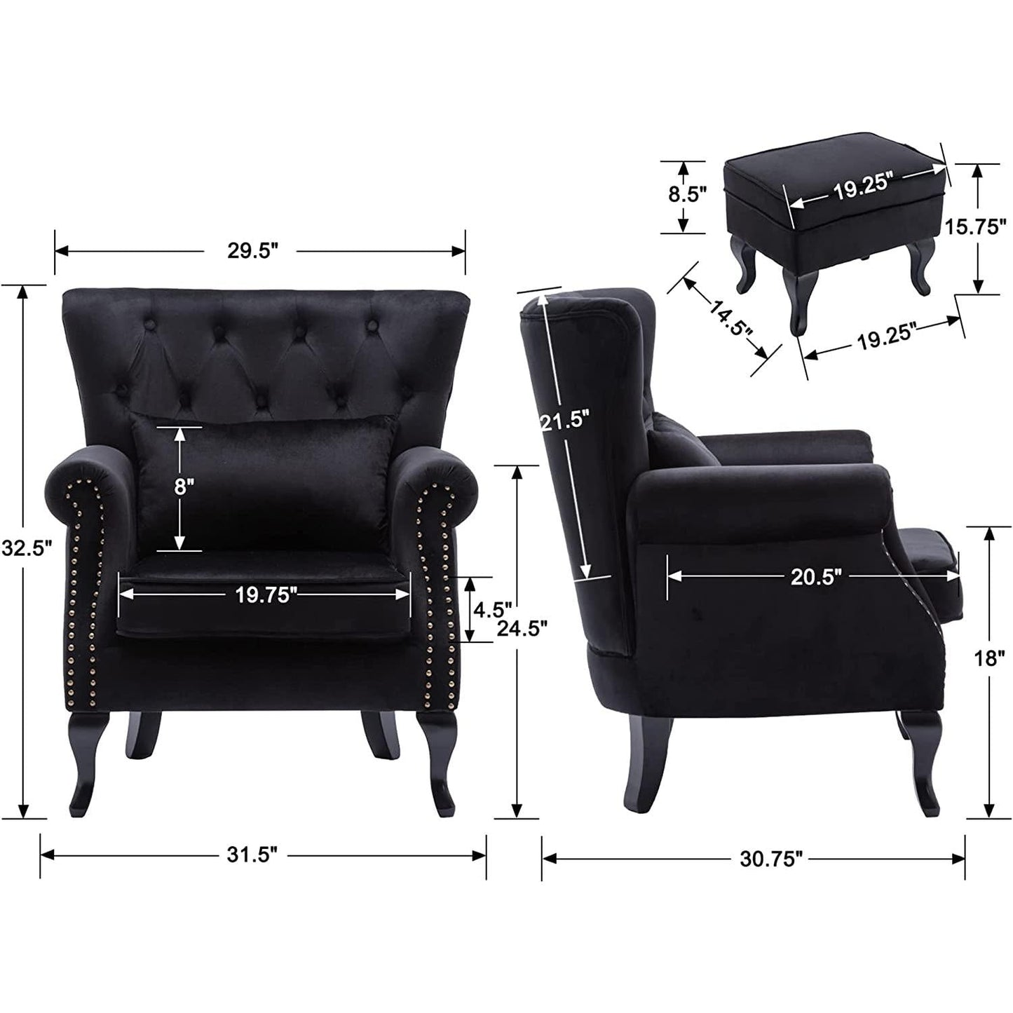 Elegant Black Velvet Wingback Chair With Ottoman Set dimensions and design details, showcasing luxurious comfort and style.