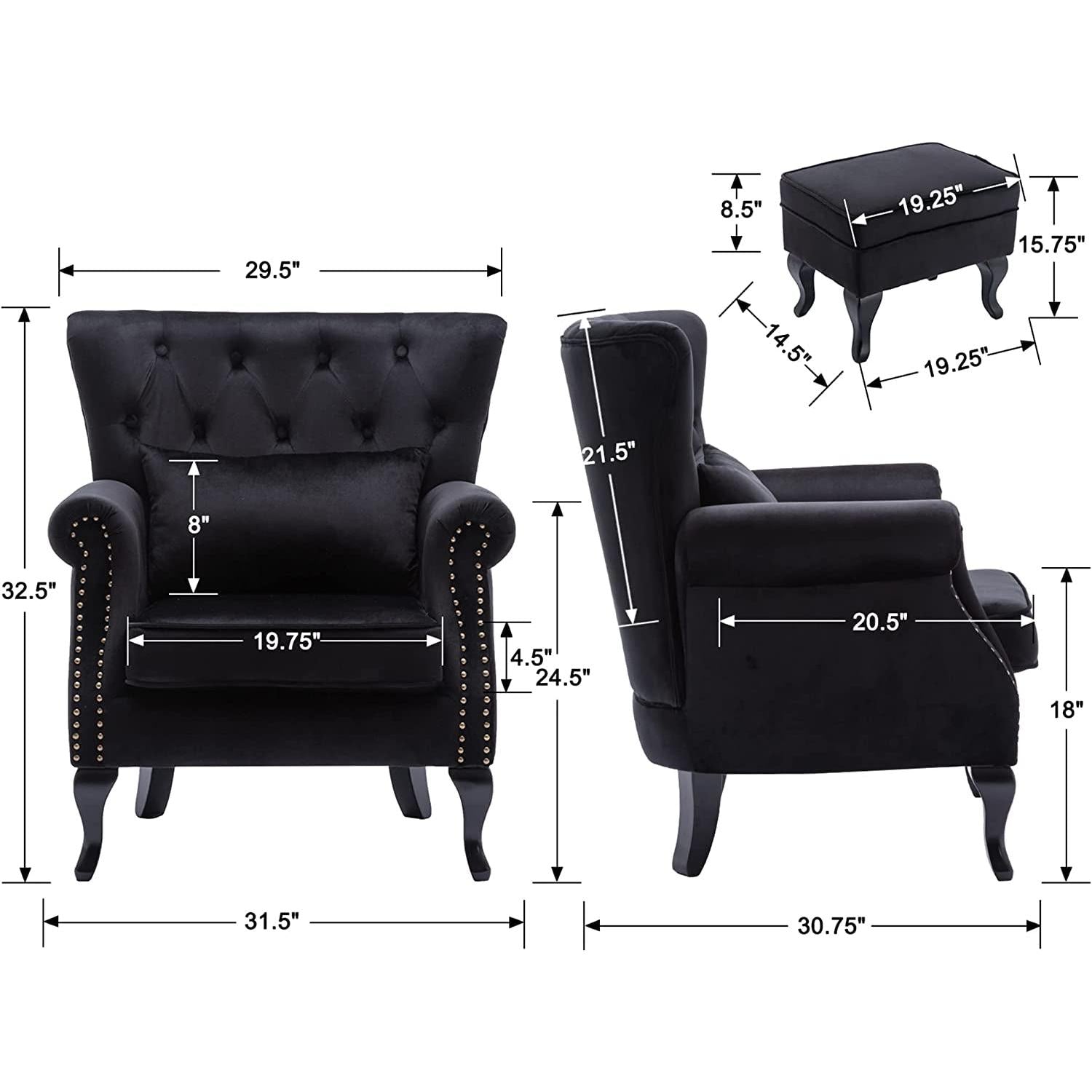 Elegant Black Velvet Wingback Chair With Ottoman Set dimensions and design details, showcasing luxurious comfort and style.