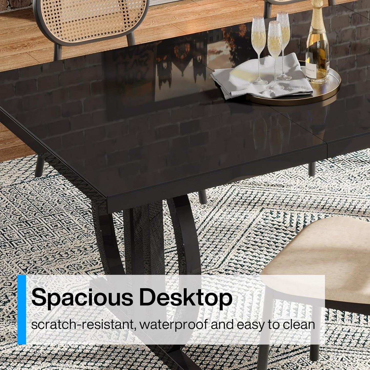 Black 63 Inch Rectangular Dining Table With Thickened Top