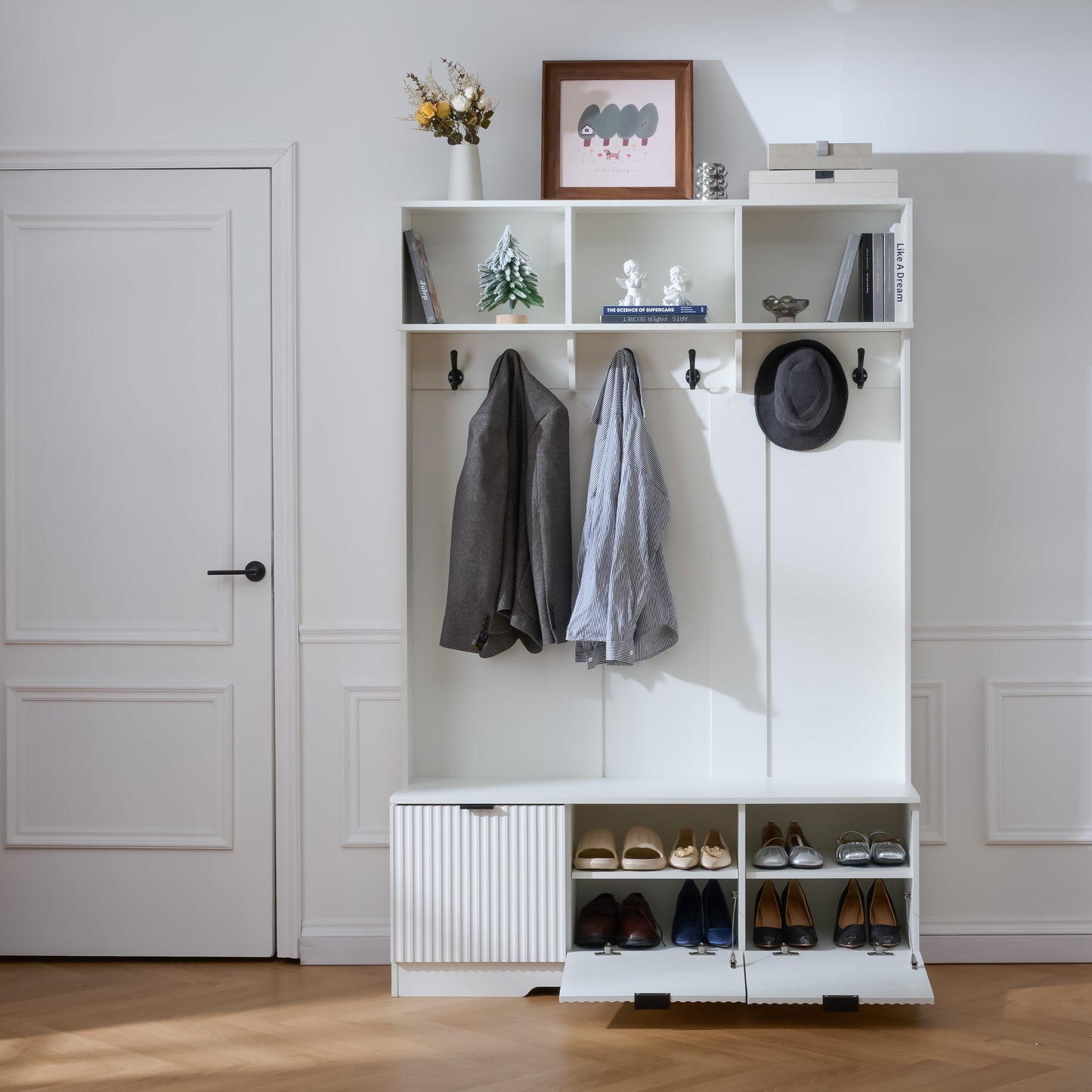 49.6" 5-in-1 Hall Tree with Bench, Shoe Storage & Open Cabinets