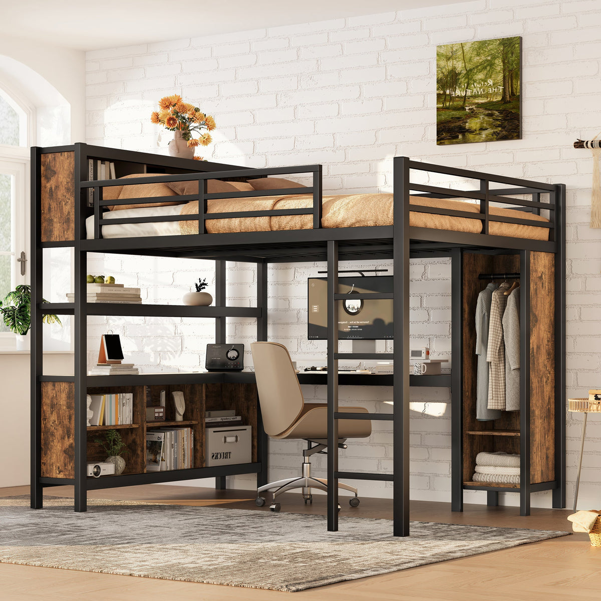 Metal Loft Bed with Wardrobe and L-shaped Desk