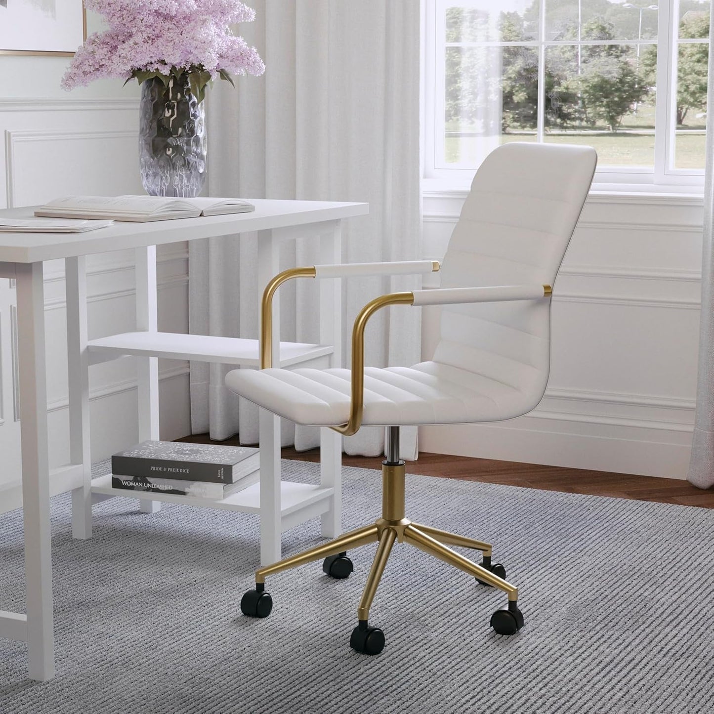 Taytum Swivel Task Chair White Faux Leather Brass Frame