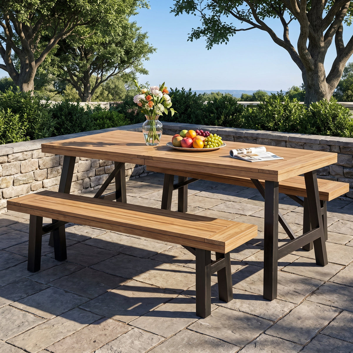 Outdoor Dining Set with 2 Benches and 1 Dining Table (3 pcs)