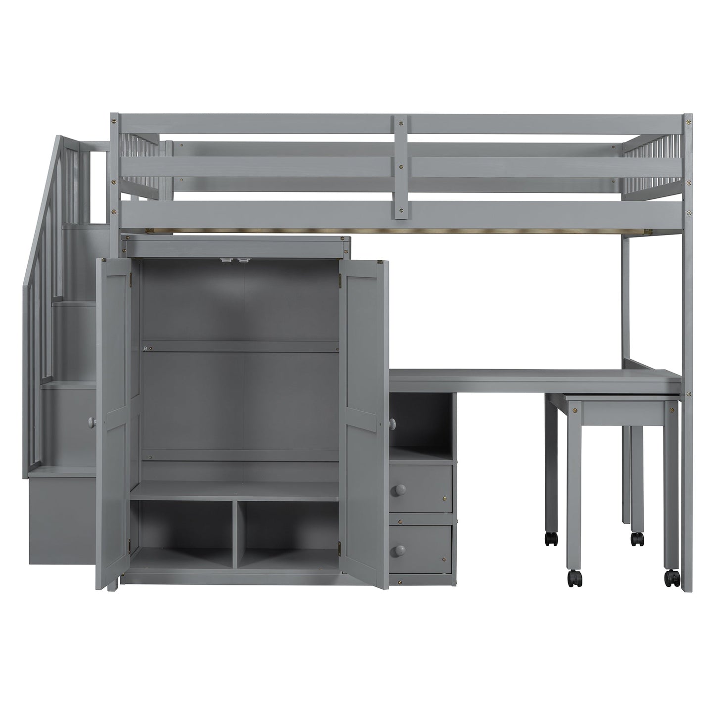 Full Size Loft Bed with Stairs, Bookshelf, Drawers, Desk & Wardrobe – Space-Saving Multifunctional Furniture for Kids & Teens-Gray