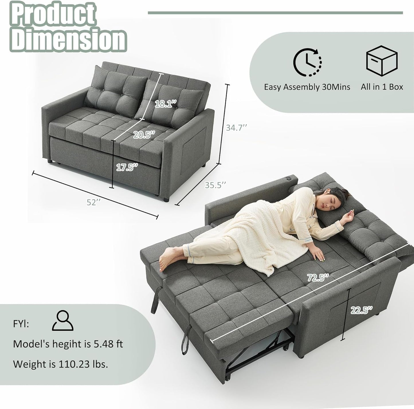 52Inch Sleeper Sofa With Pullout Bed Gray Fabric Upholstery