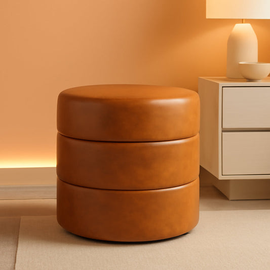 Round Upholstered Faux Leather Ottoman Footrest Camel