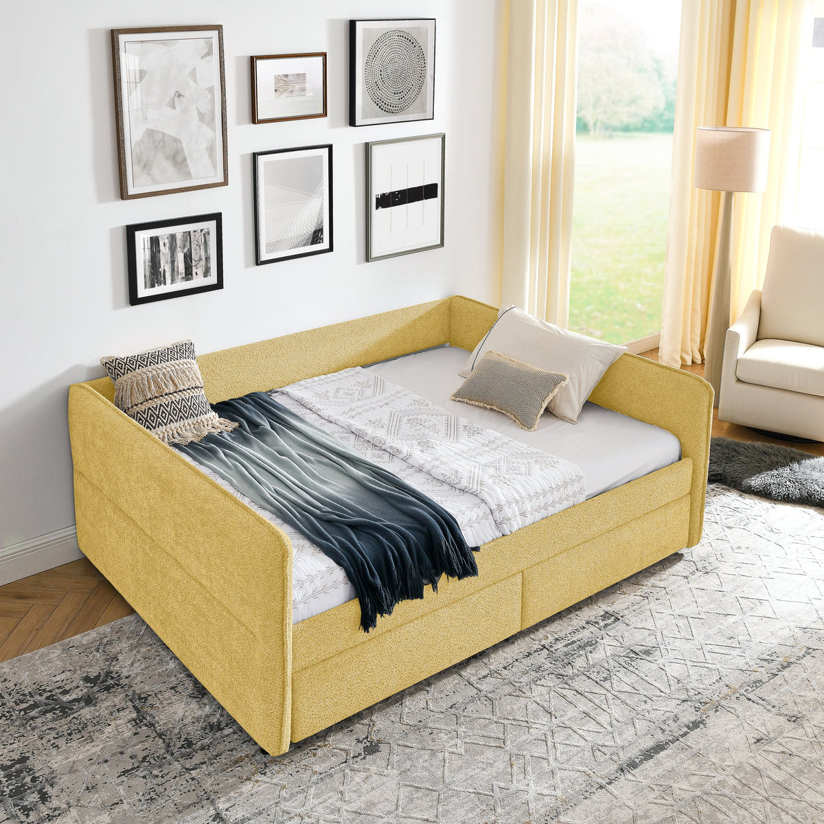 Queen Size Daybed with Two Drawers Upholstered Tufted Sofa Bed