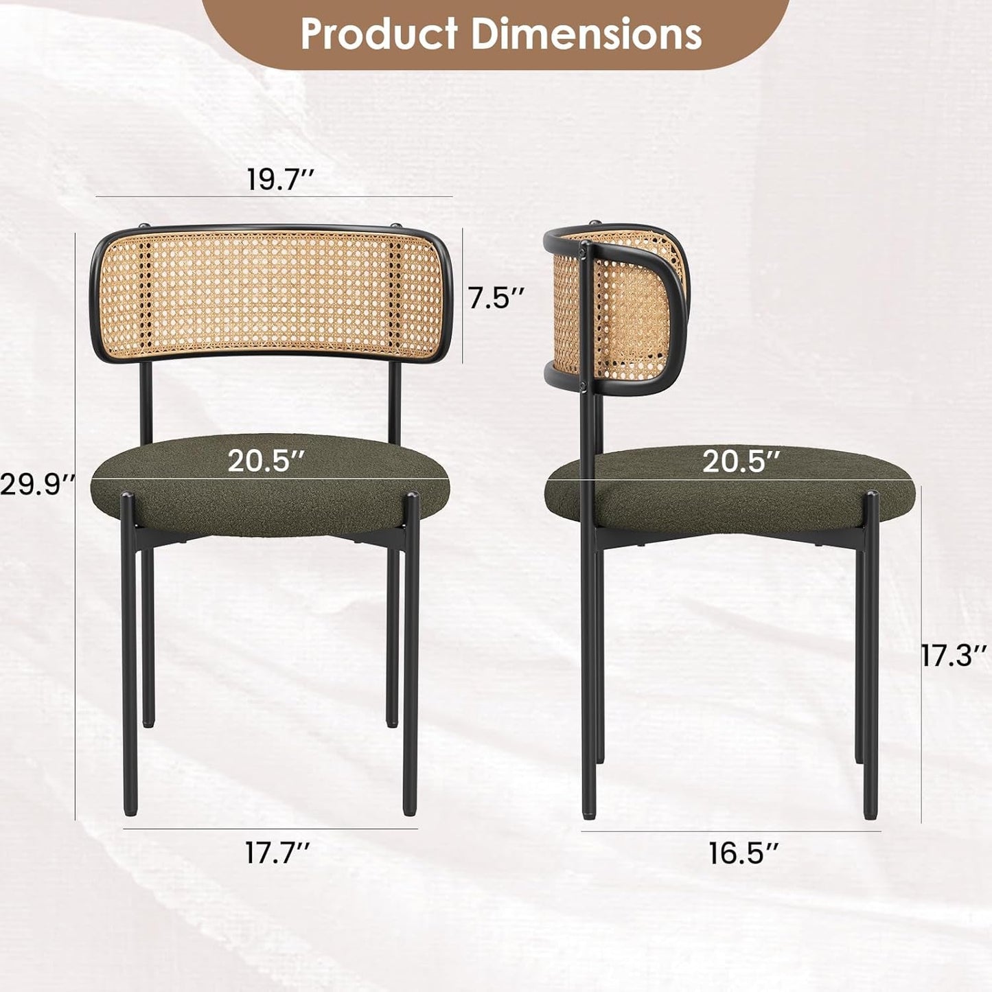 Green Rattan Backrest Mid Century Dining Chairs Set Of 2
