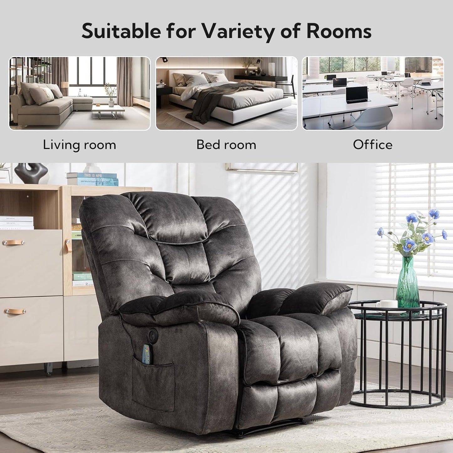 Oversized 41 Inch Power Recliner With Massage And Heat in a living room and bedroom setting.