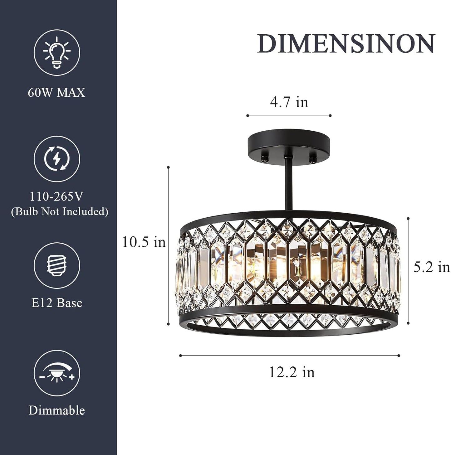 Crystal Black Three Light Semi Flush Mount Ceiling Light
