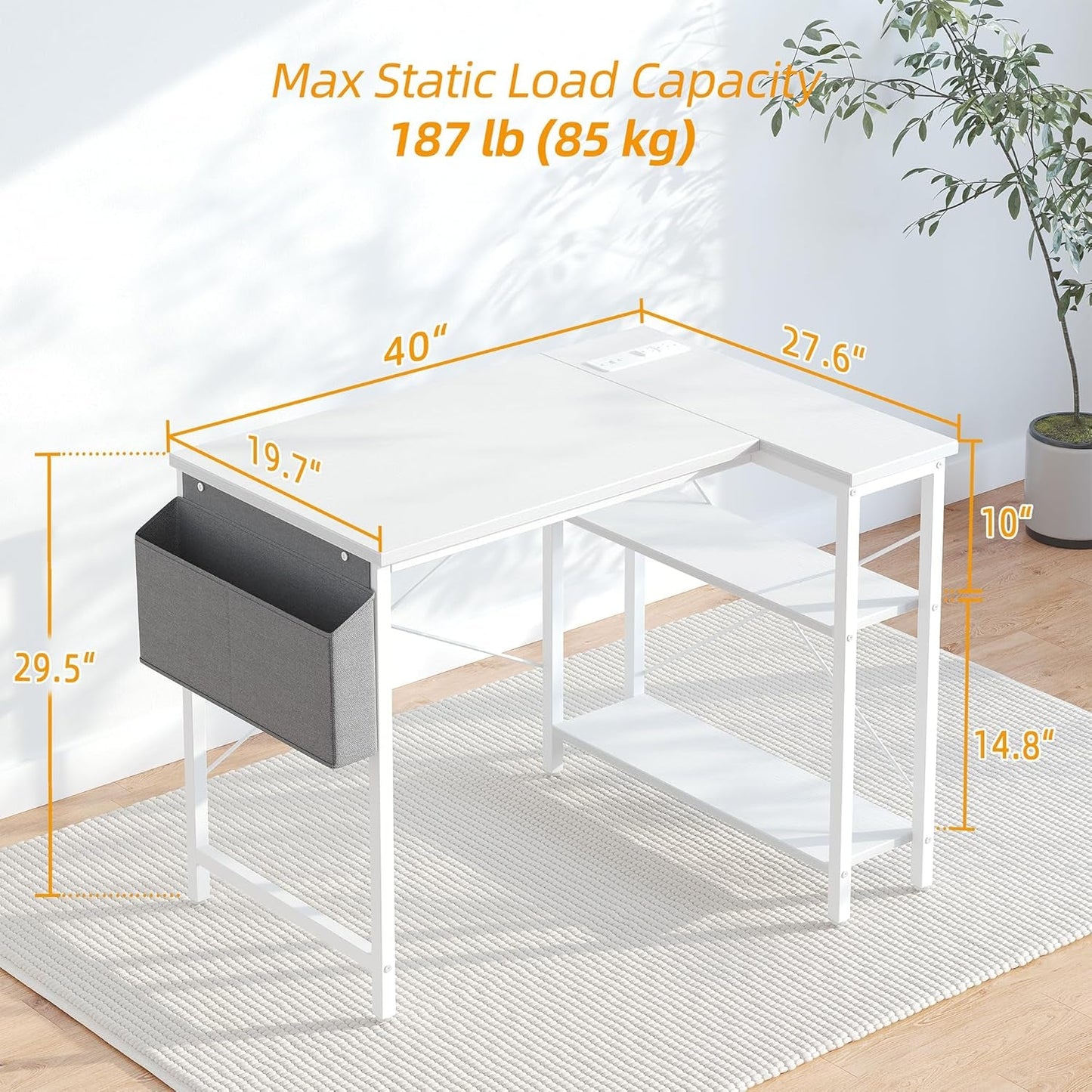 40 Inch L Shaped Desk With Power Outlets For Home Office