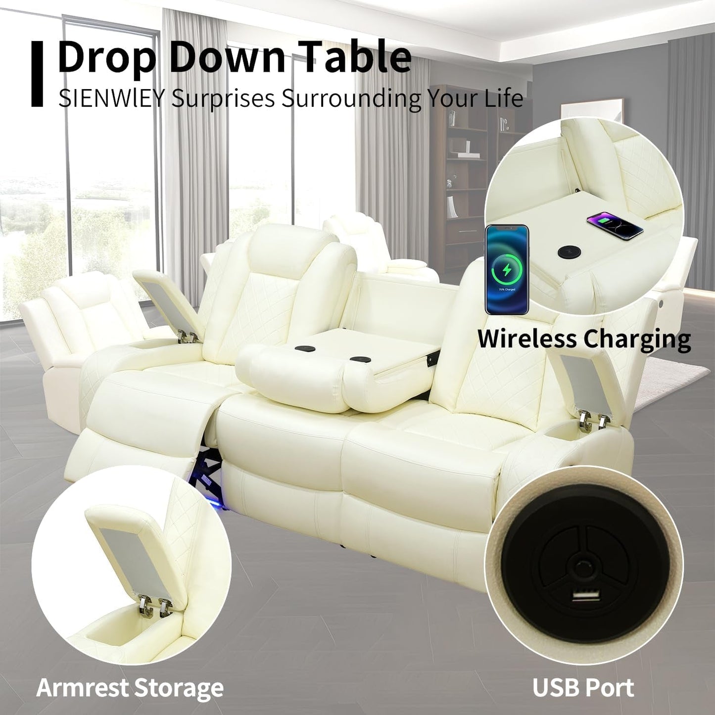 White Leather Power Reclining Sofa Set for Living Room