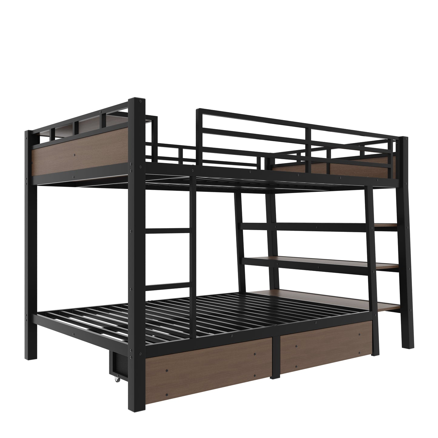 Full Size Metal Bunk Bed with Storage Shelves, LED Light Strip, and USB Power Strip