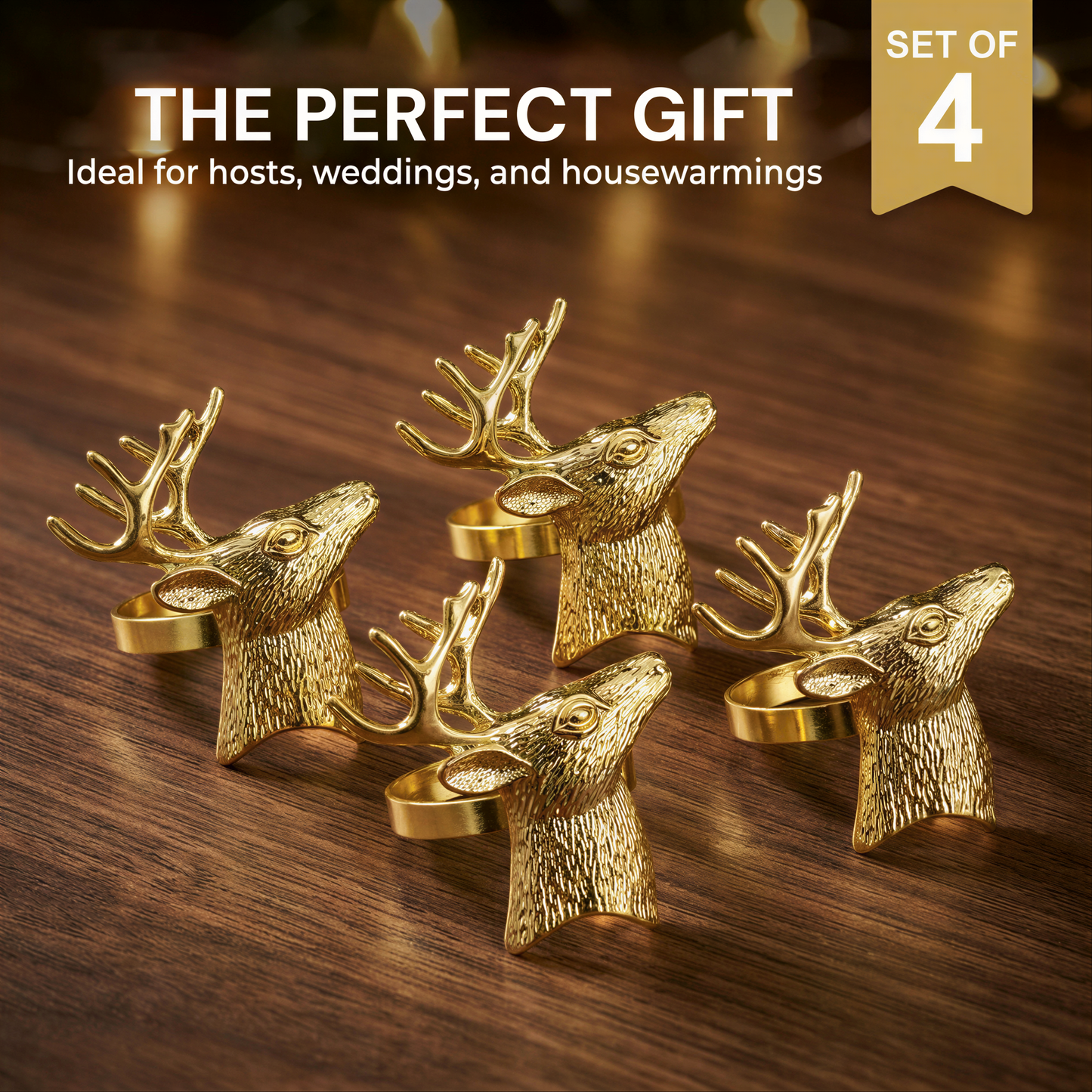 Gold Reindeer Napkin Rings – Festive Napkin Holders | Rust Resistant Table Decor Accessories