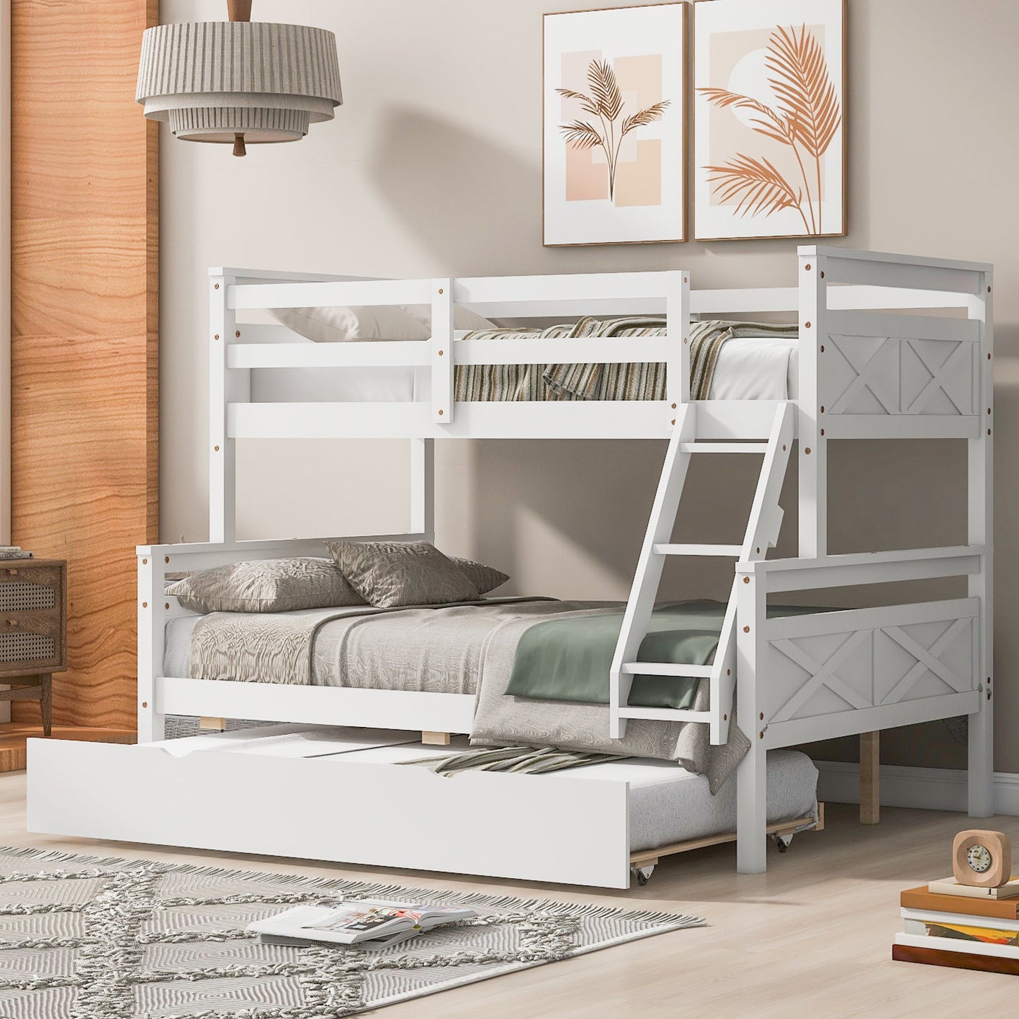 Twin Over Full Bunk Bed with Ladder, Trundle & Safety Guardrail