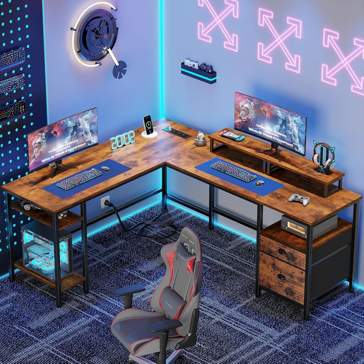 Fifty Nine Inch L Shaped Desk With Power Outlet And Storage Shelves