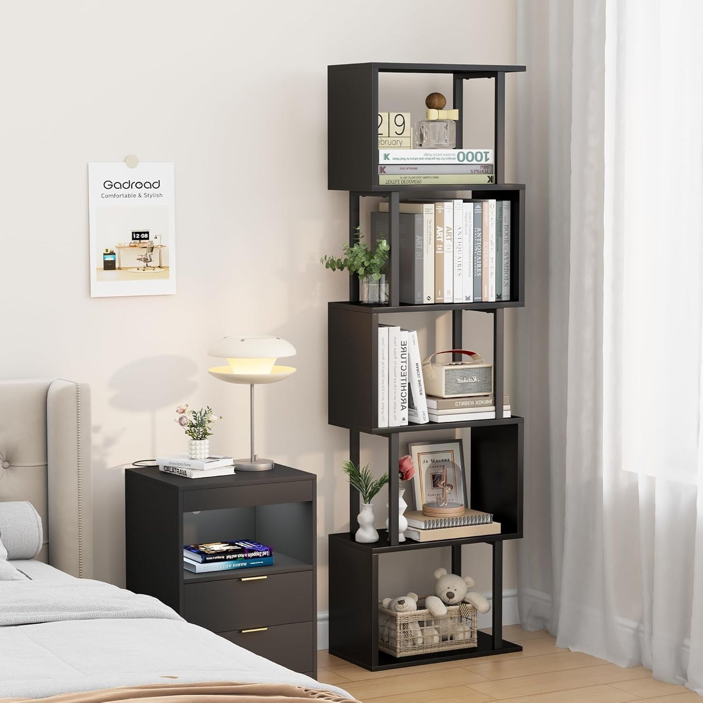 5 Tier S Shaped Bookcase Black Wood And Metal Livingroom