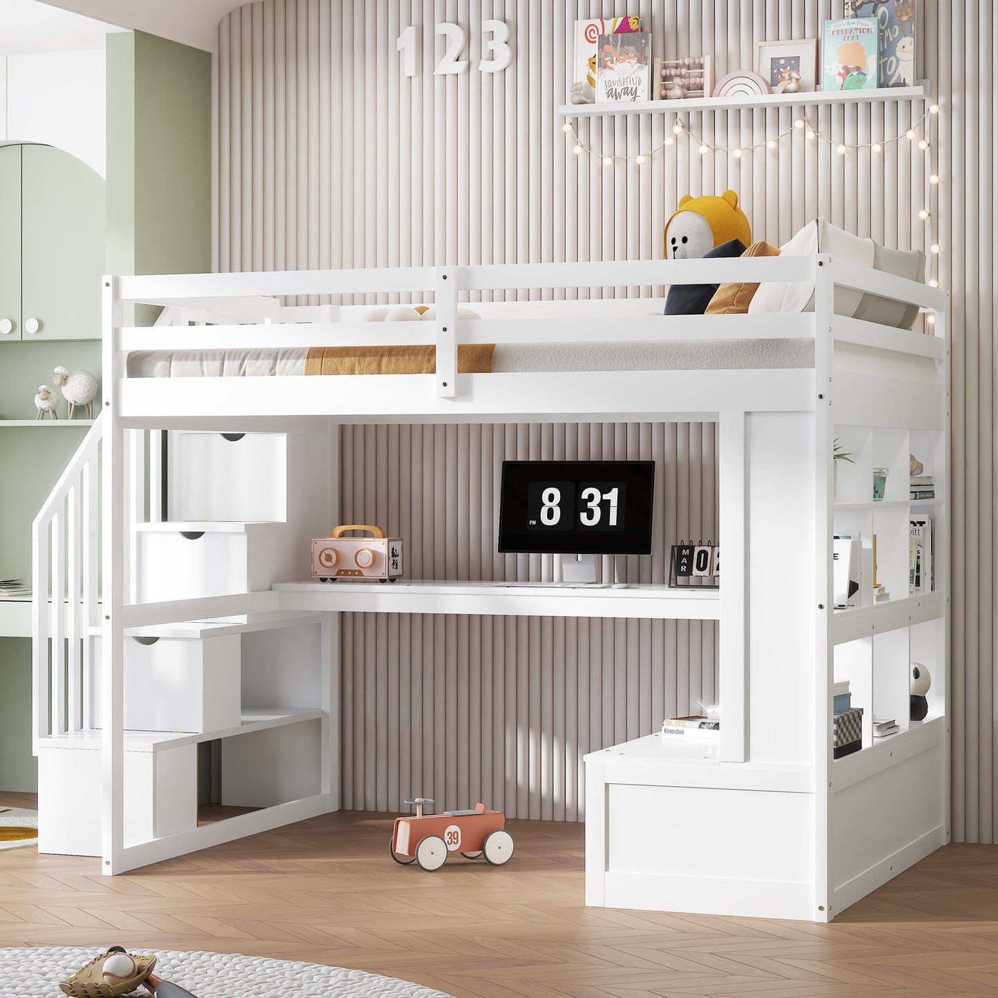 Full Size Loft Bed With Desk And Shelves, Two Built-in Drawers, Storage Staircase