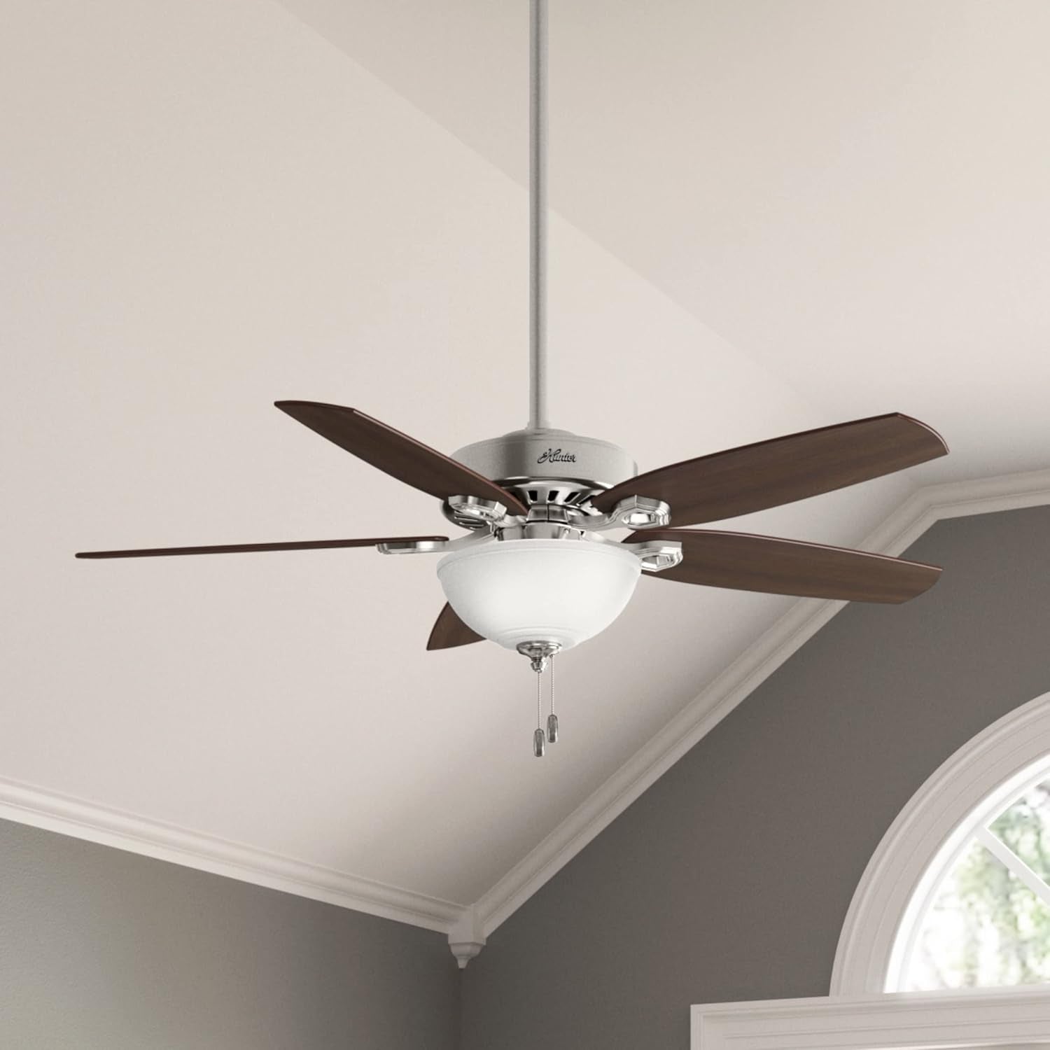 Builder Deluxe 52 Inch Brushed Nickel Indoor Ceiling Fan with toffee glass light shade.