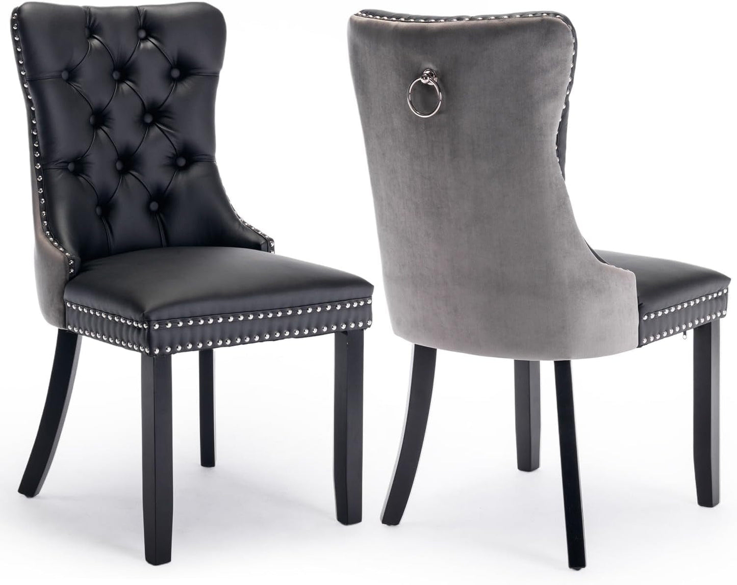 Leather Dining Chairs Set of 2 Black Nailhead Trim