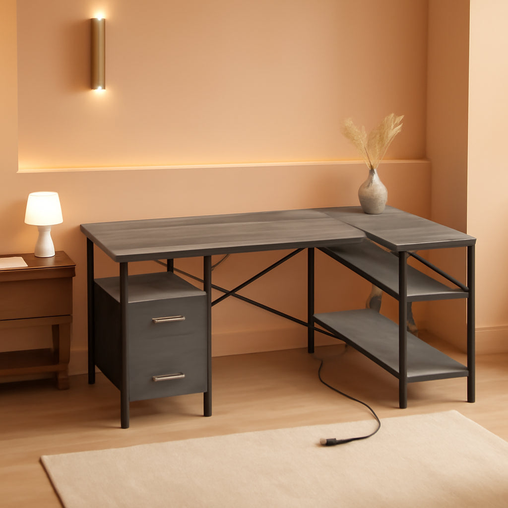 47 Inch L Shaped Desk With Power Outlets And 3 Drawers Grey