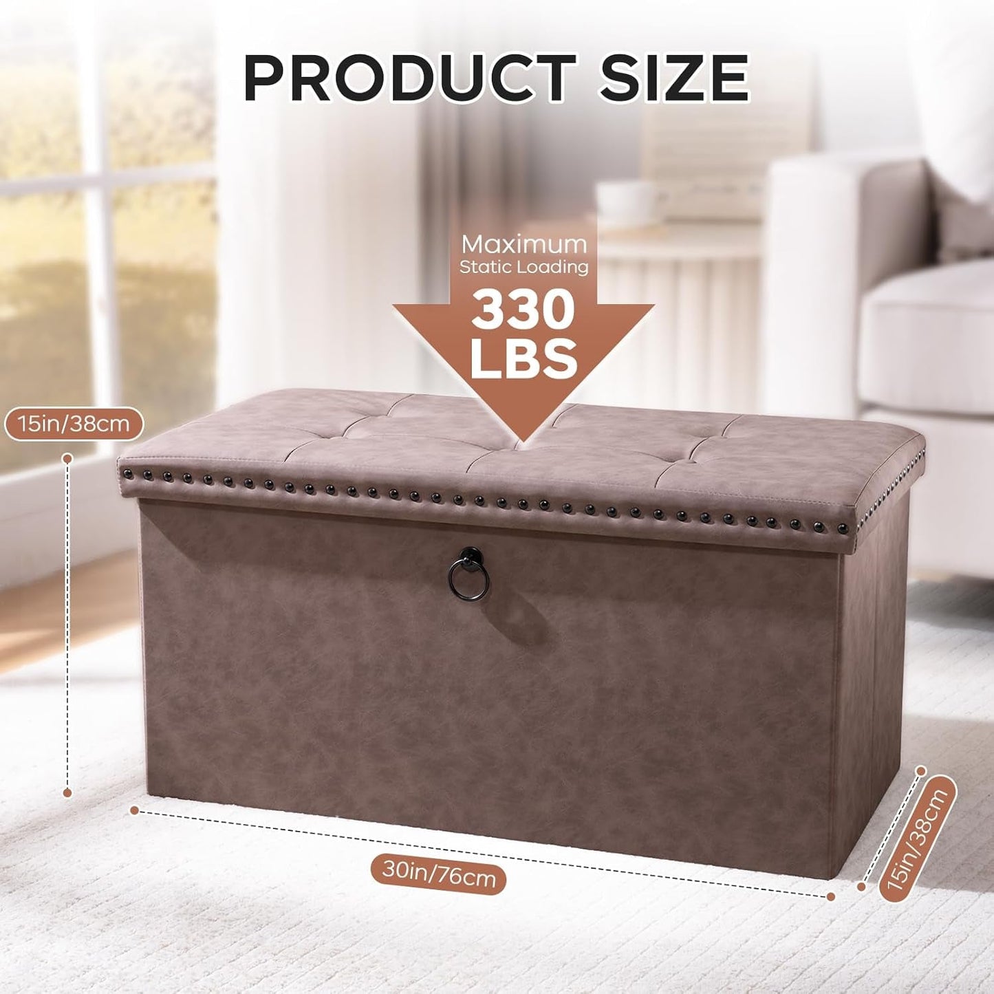 Oak Brown 30-Inch Foldable Storage Ottoman Bench