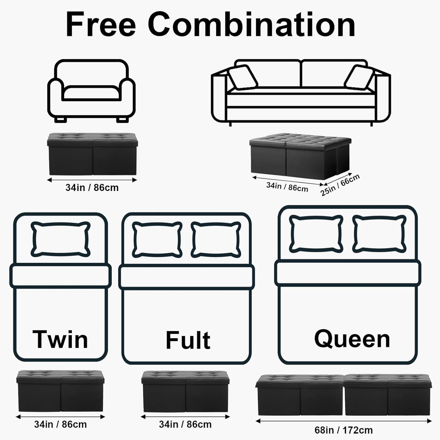 Ottoman With Premium Black Storage 34 Inch Dimension